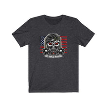 Load image into Gallery viewer, Skull Gas Mask Bullet Helmet Unisex Tee
